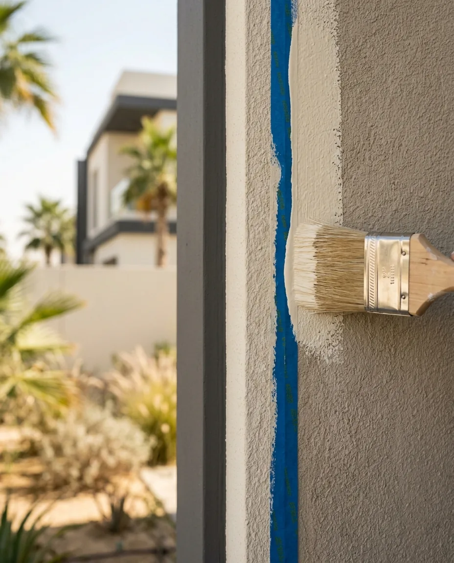Brush applying warm white paint to exterior render beside a crisp masked trim line