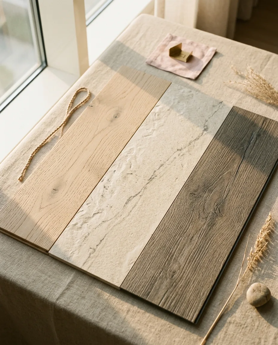 Flooring samples laid edge to edge: engineered oak, stone-look tile and vinyl plank