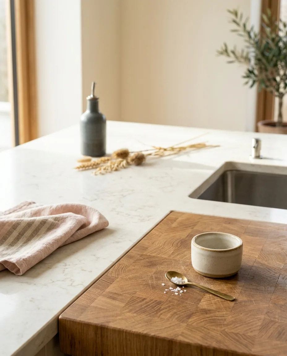 Kitchen worktop detail where pale quartz meets a warm oak butcher block section