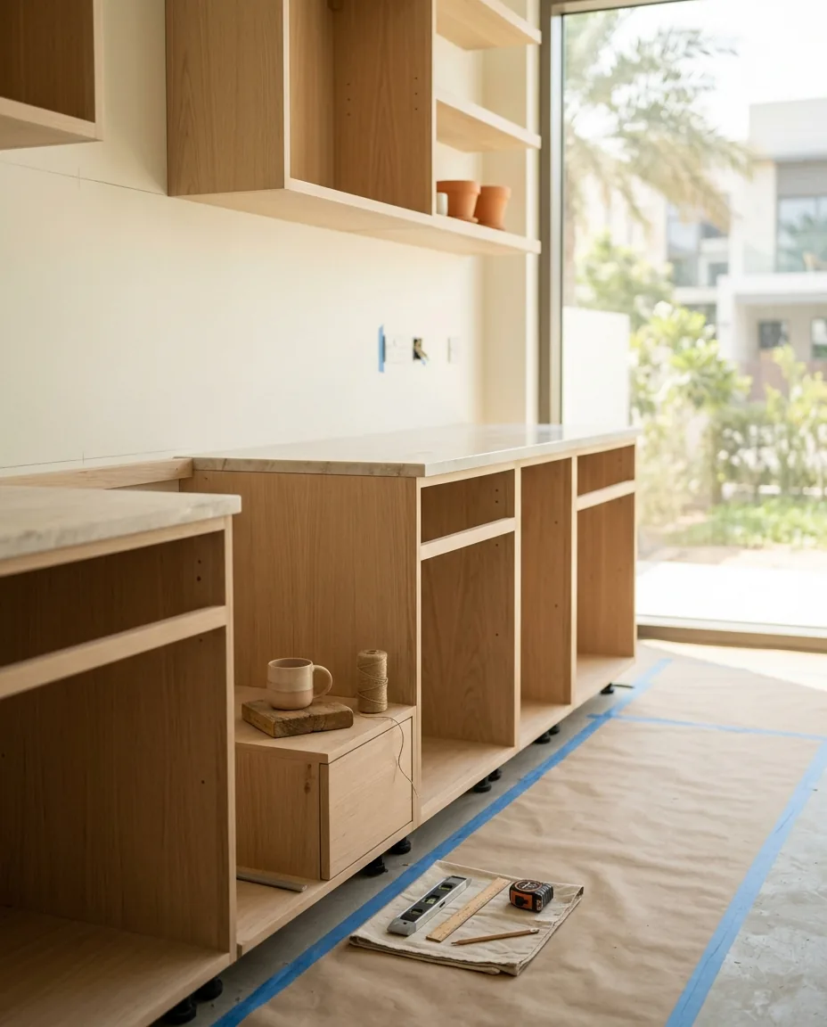 Kitchen mid-renovation with newly installed cabinet carcasses and protected flooring