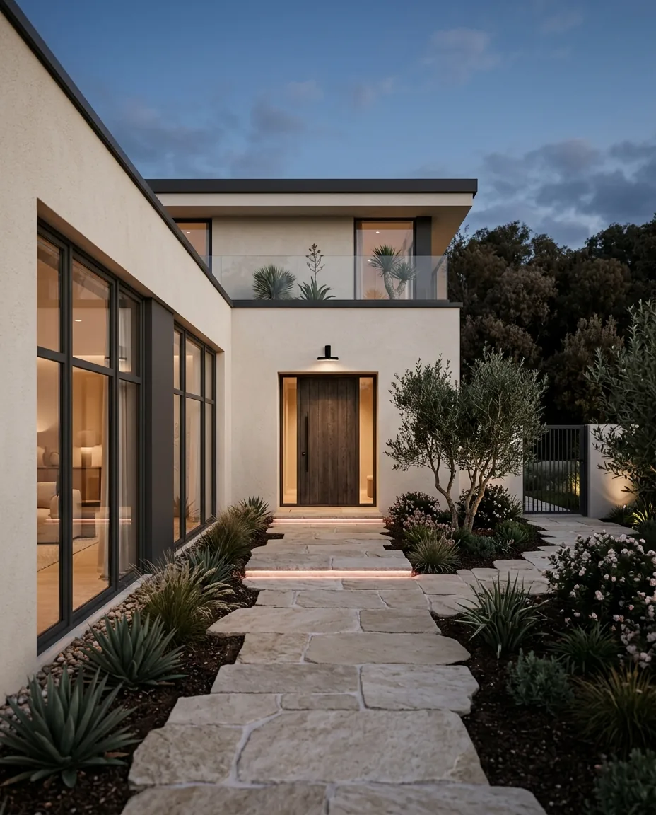 Modern UAE villa facade at dusk with cream stucco walls and charcoal window frames
