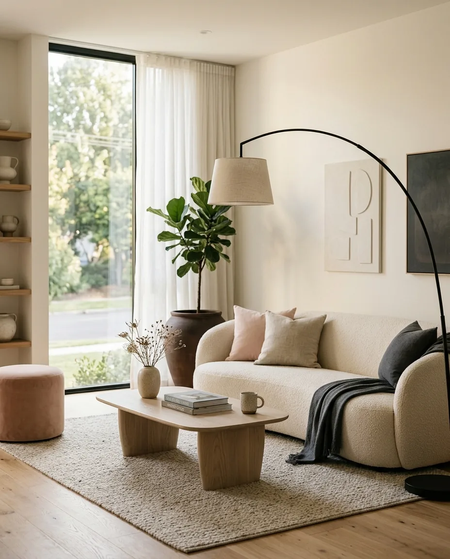 Elegant London living room with a curved cream boucle sofa and sheer linen curtains
