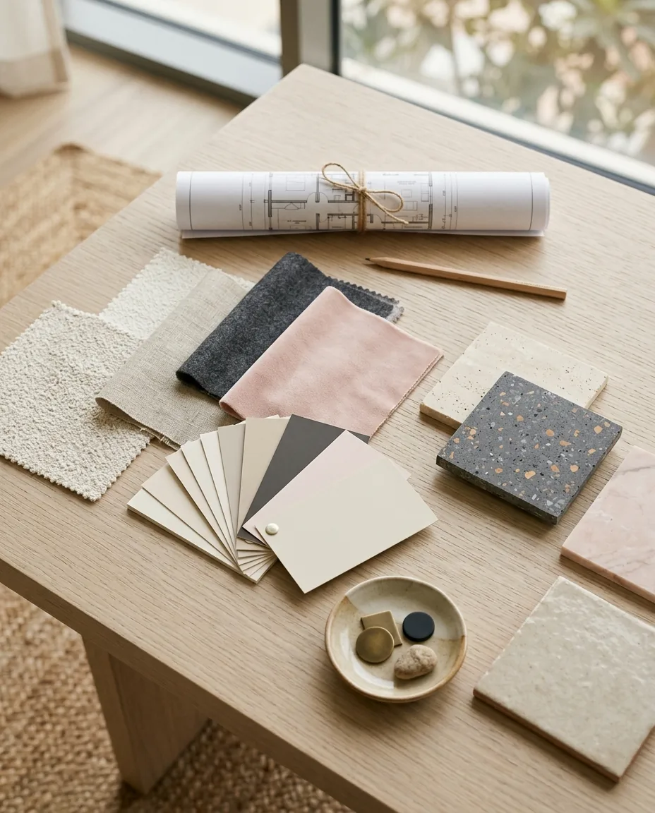 Interior designer's desk with fabric swatches, paint chips, stone samples and a rolled floor plan
