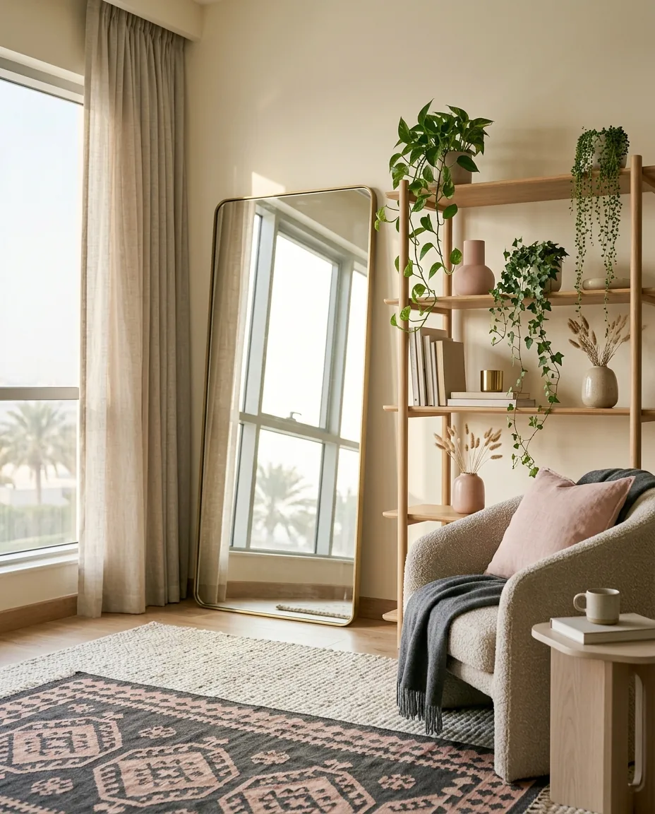 Stylish US apartment living area with layered rugs, a leaning mirror and freestanding shelving